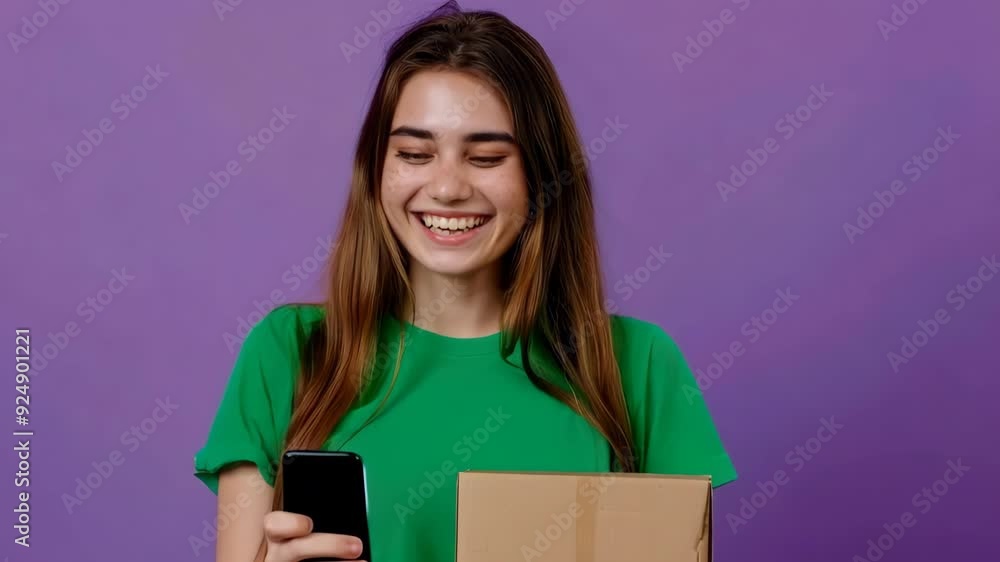 Woman holding stack of parcel and looking at mobile phone. Woman holding stack of parcel and looking at mobile phone.