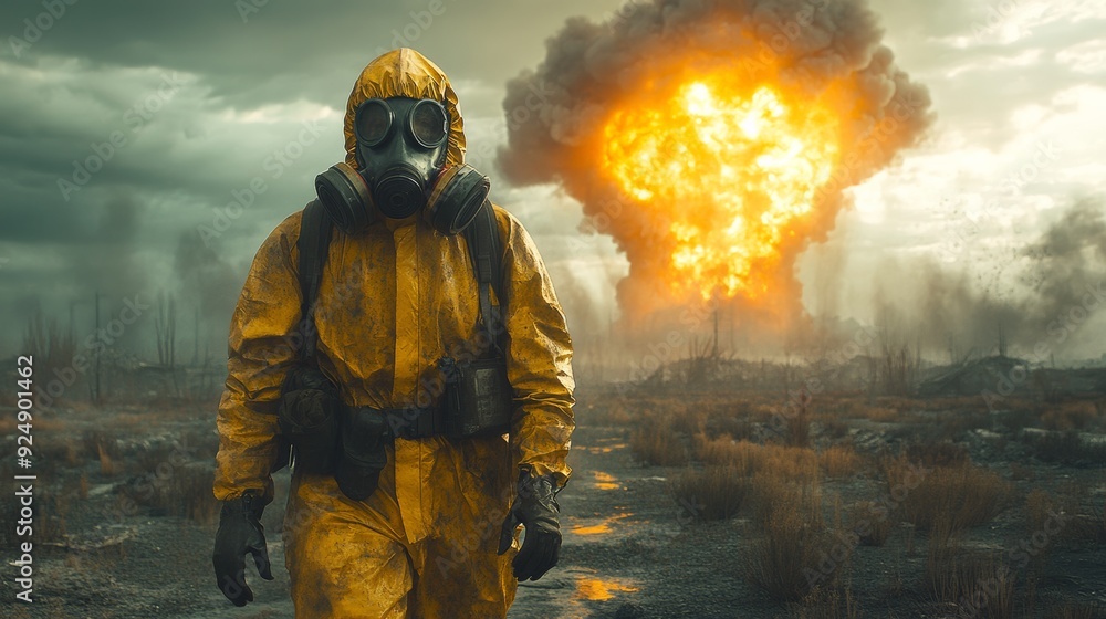 Scientist wearing gas mask walking through wasteland with explosion Scientist wearing gas mask walking through wasteland with explosion