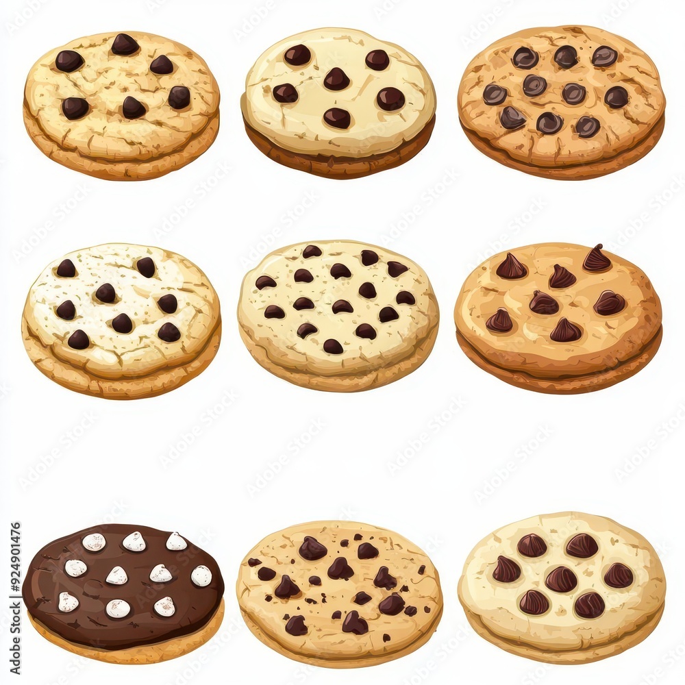 Obraz premium Assortment of tasty cookies, bakery, sweet treats, chocolate chip, clipart, white background, high quality--ar