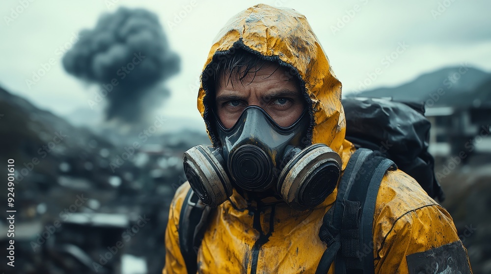 Scientist wearing gas mask standing near explosion in wasteland Scientist wearing gas mask standing near explosion in wasteland