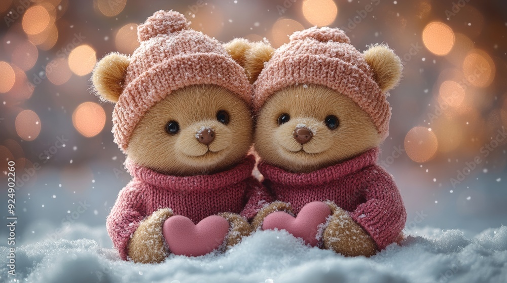 Two teddy bears wearing winter clothes holding hearts in snowy scene Two teddy bears wearing winter clothes holding hearts in snowy scene