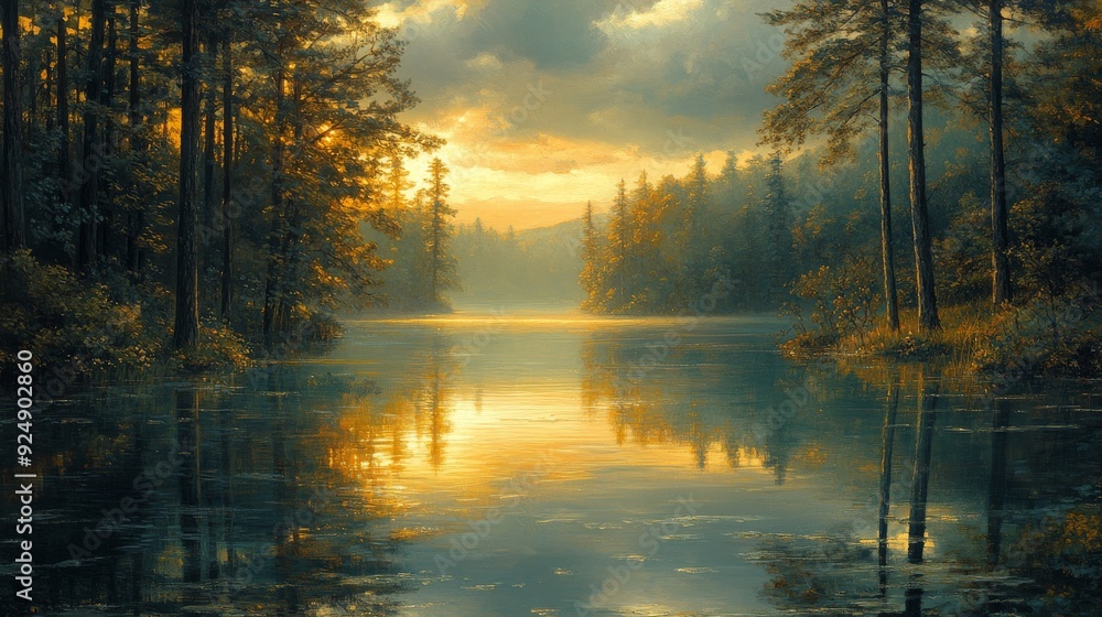Obraz premium Golden sunset reflecting on calm lake water in forest