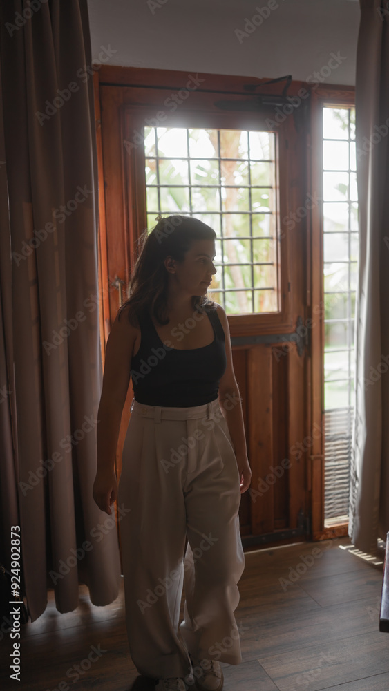 Beautiful young hispanic woman standing thoughtfully in a cozy living room with natural light streaming through the window. Beautiful young hispanic woman standing thoughtfully in a cozy living room with natural light streaming through the window.
