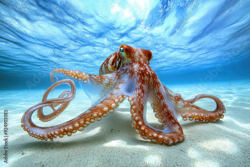 An octopus swimming in clear blue water under bright daylight.