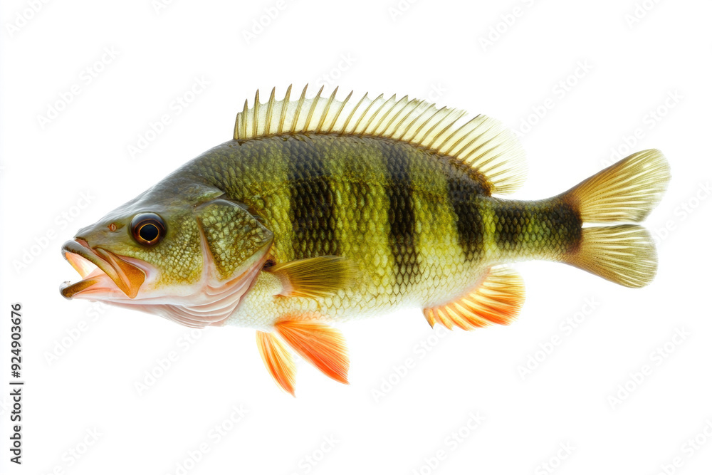 Large freshwater perch with greenish body and stripes isolated on a white background. Large freshwater perch with greenish body and stripes isolated on a white background.