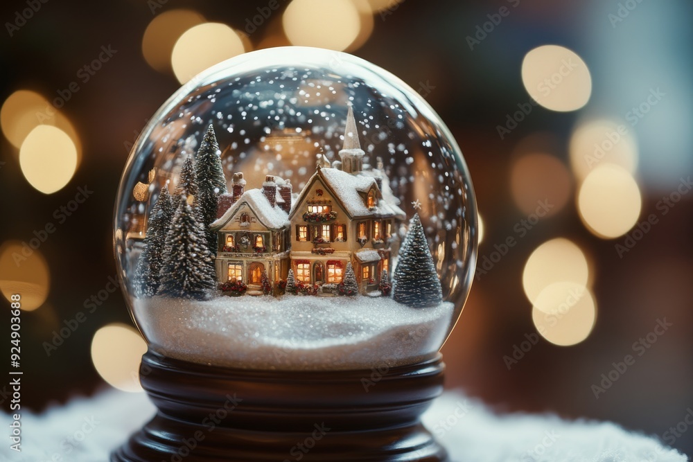 A beautiful snow globe contains a miniature Christmas village with tiny houses, shops, and churches, surrounded by snowflakes and glitter. The scene is a perfect representation of a winter wonderland. A beautiful snow globe contains a miniature Christmas village with tiny houses, shops, and churches, surrounded by snowflakes and glitter. The scene is a perfect representation of a winter wonderland.