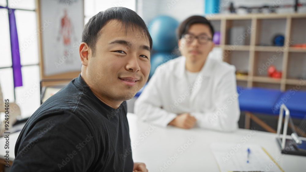 Asian man receives consultation from male physiotherapist in modern clinic Asian man receives consultation from male physiotherapist in modern clinic