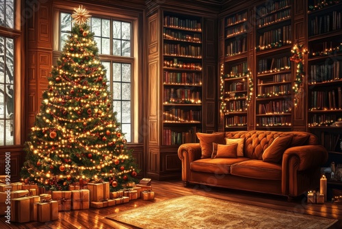 A serene Christmas tree stands tall amidst a warm and inviting library, surrounded by bookshelves and plush seating. The soft glow of string lights adds to the ambiance.