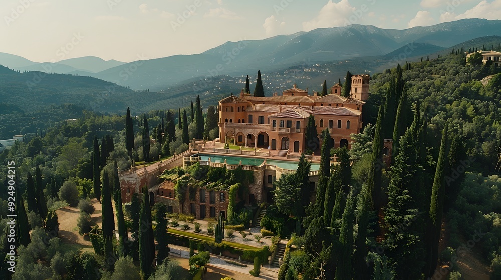 Obraz premium Spanish Hilltop Castle, Olive Groves, Serene Scenery Panorama