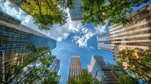 View upward towards towering skyscrapers framed by vibrant trees under a clear blue sky