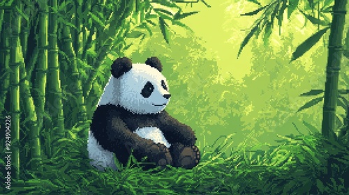 Giant panda relaxing in a bamboo forest pixel art illustration