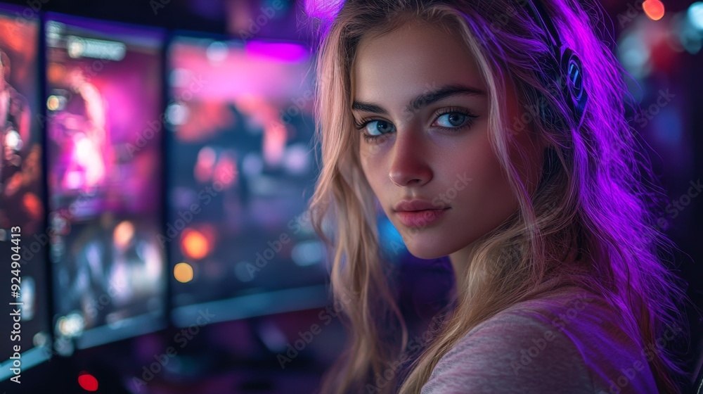 Gamer girl in neon-lit gaming room - generative ai Gamer girl in neon-lit gaming room - generative ai