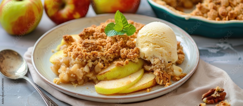 Side view of apple and pear crumble with streusel served with ice cream a plate of gluten free low calorie diet dessert with a nutty apple cobbler pie Includes copy space image Side view of apple and pear crumble with streusel served with ice cream a plate of gluten free low calorie diet dessert with a nutty apple cobbler pie Includes copy space image