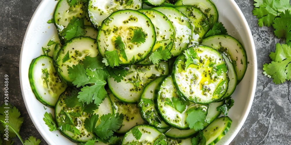 Top view of fresh cucumber salad with cilantro and oil in a white bowl Top view of fresh cucumber salad with cilantro and oil in a white bowl