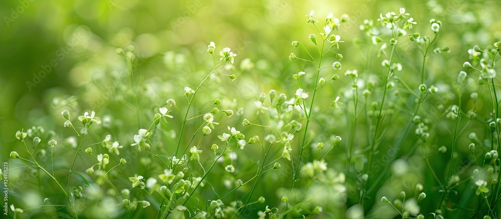 Green summer nature backdrop with Shepherd s Purse herb Capsella bursa pastoris in focus Ideal for banners with a spacious copy space image Green summer nature backdrop with Shepherd s Purse herb Capsella bursa pastoris in focus Ideal for banners with a spacious copy space image