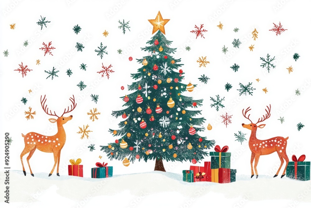 A vibrant and playful Christmas banner featuring animated reindeer and snowflakes dancing around a giant Christmas tree adorned with colorful lights and presents. Perfect for spreading holiday cheer! A vibrant and playful Christmas banner featuring animated reindeer and snowflakes dancing around a giant Christmas tree adorned with colorful lights and presents. Perfect for spreading holiday cheer!