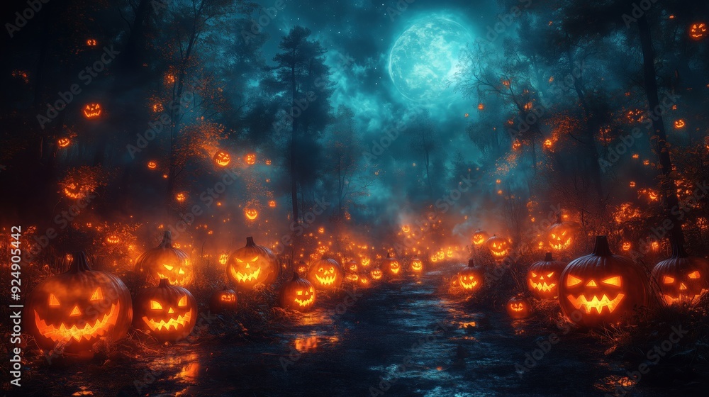 A moonlit forest with glowing jack-o'-lanterns lining a dark path, eerie mist swirling around. Halloween night celebration in nature, Copy space for text, No logo, No Trademark, No text A moonlit forest with glowing jack-o'-lanterns lining a dark path, eerie mist swirling around. Halloween night celebration in nature, Copy space for text, No logo, No Trademark, No text
