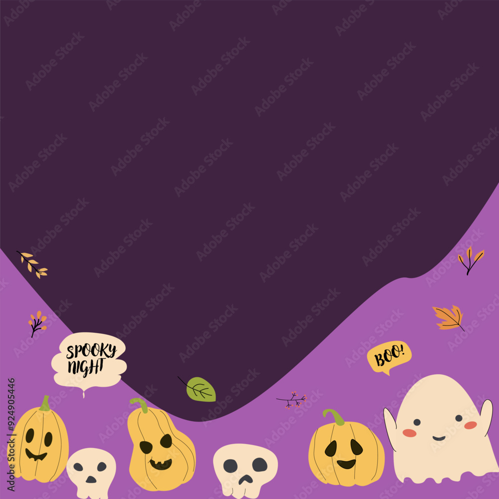 Cute childrens halloween background with funny characters. Pumkins and ghosts, skulls, fall leaves, speech bubbles. Cute childrens halloween background with funny characters. Pumkins and ghosts, skulls, fall leaves, speech bubbles.