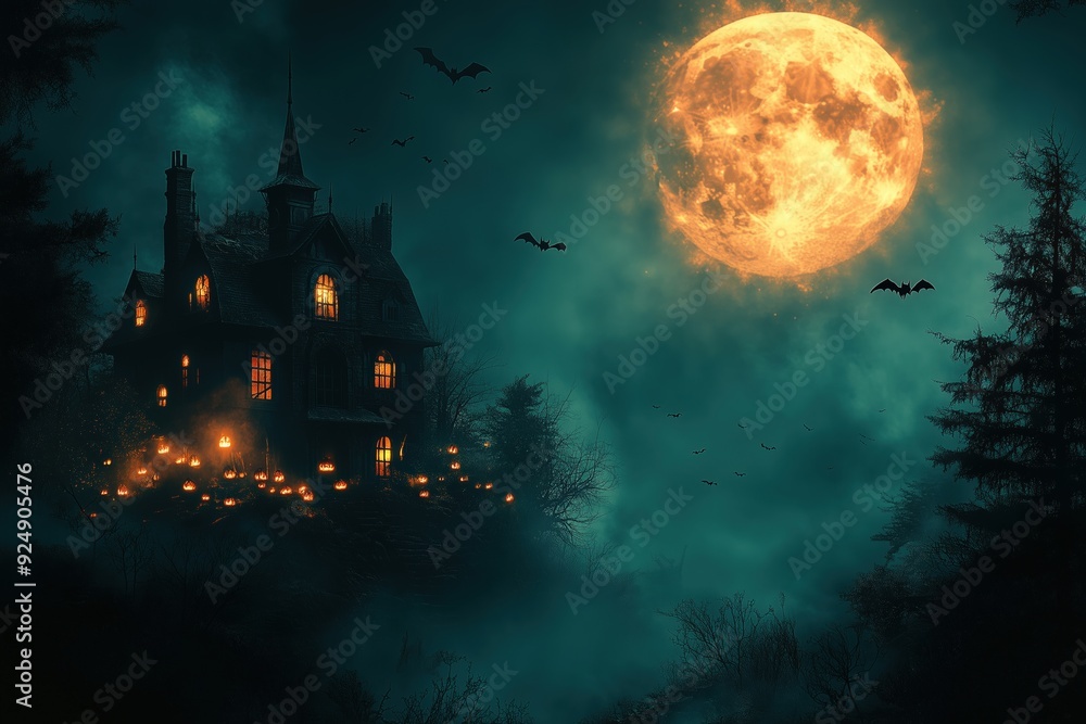 A haunted house with flickering lanterns and flying bats under a full moon. Spooky atmosphere for Halloween night, Copy space for text, No logo, No Trademark, No text A haunted house with flickering lanterns and flying bats under a full moon. Spooky atmosphere for Halloween night, Copy space for text, No logo, No Trademark, No text