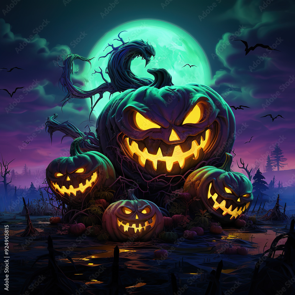 Halloween pumpkins in a field with a full moon in the background Halloween pumpkins in a field with a full moon in the background