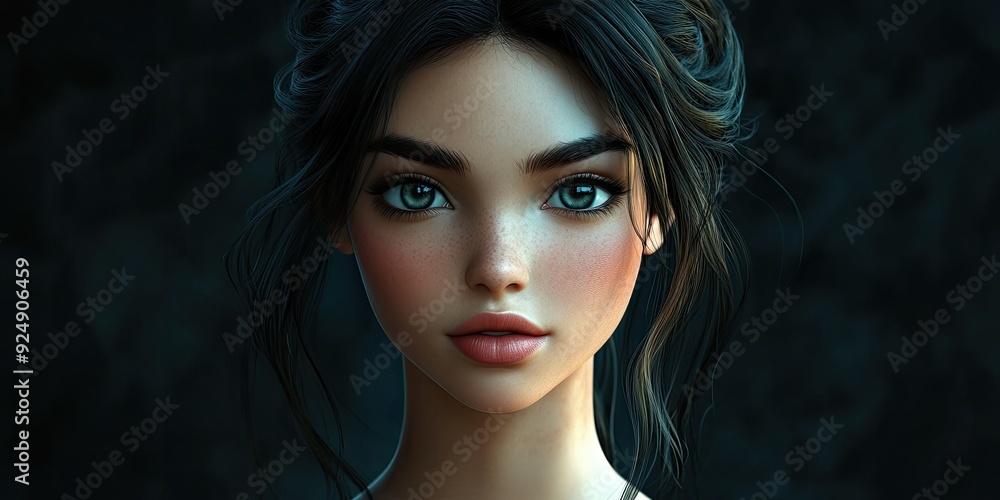 3D cartoon character portrait of a beautiful young woman gazing at the viewer with a serious expression against a dark backdrop 3D cartoon character portrait of a beautiful young woman gazing at the viewer with a serious expression against a dark backdrop