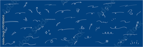 手描きのフレーム・飾り素材セット。手書き、ベクター、矢印、線、ハート、花、キラキラ、くるくる