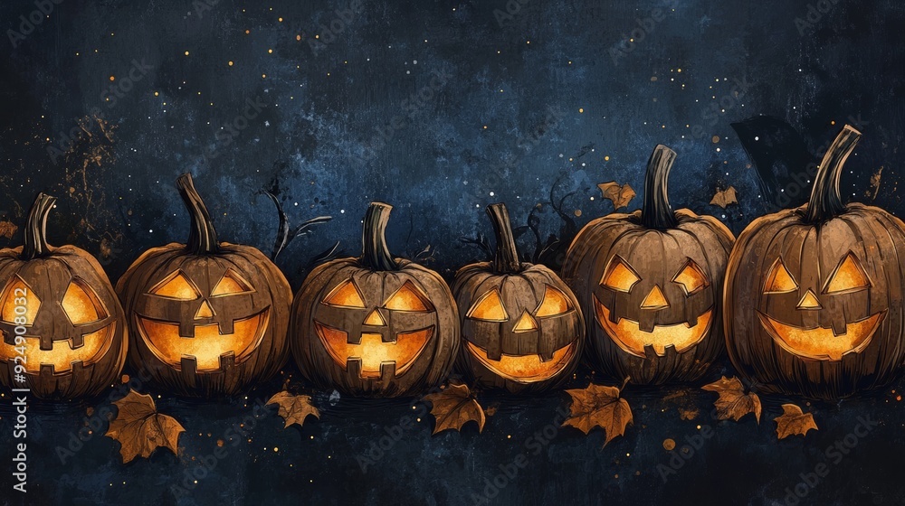 Row of halloween pumpkins glowing under a starry night Row of halloween pumpkins glowing under a starry night