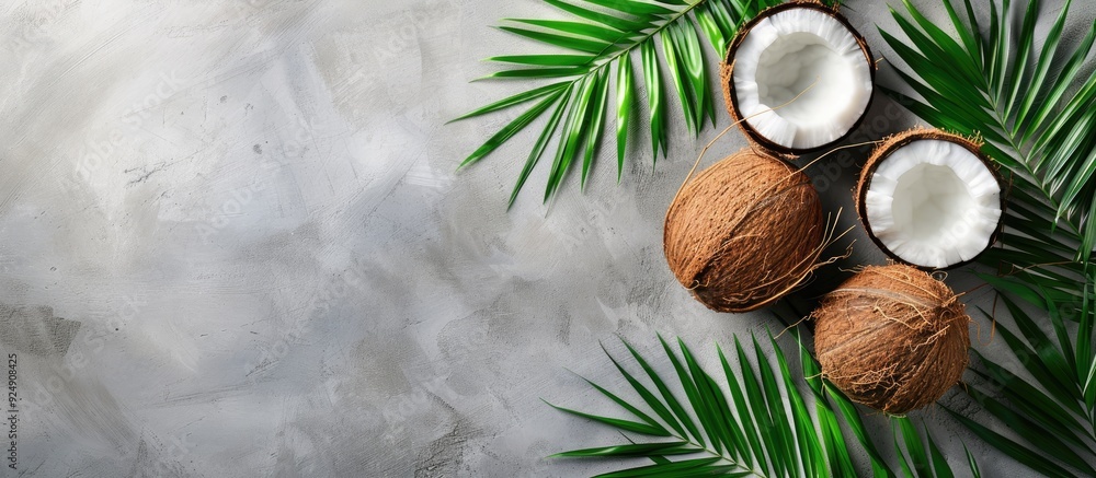 Fresh coconut with green palm leaves on gray concrete background with copy space image Fresh coconut with green palm leaves on gray concrete background with copy space image
