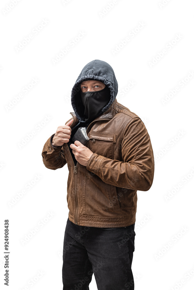 Robber, dangerous hooded criminal man in black mask and brown leather jacket holding stolen wallet with dollar bills, isolated on transparent background Robber, dangerous hooded criminal man in black mask and brown leather jacket holding stolen wallet with dollar bills, isolated on transparent background