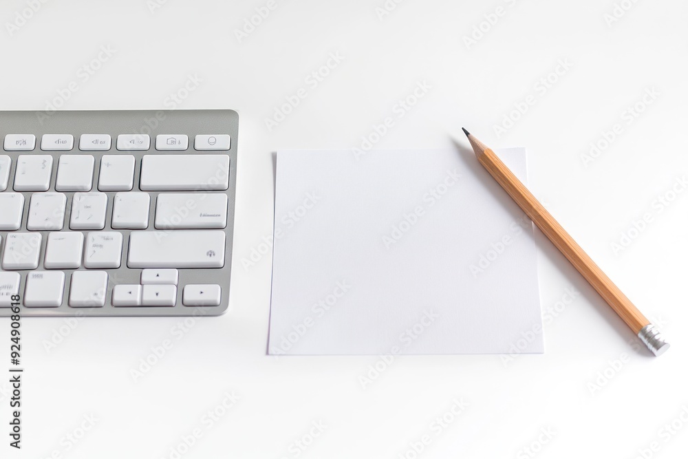 White Keyboard, Paper, and Pencil on a White Surface White Keyboard, Paper, and Pencil on a White Surface