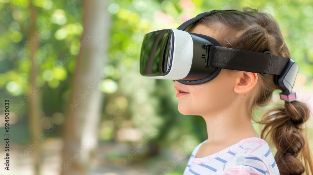 Girl in virtual reality glasses. She plays video games on the street. Children and technology. Girl in virtual reality glasses. She plays video games on the street. Children and technology.