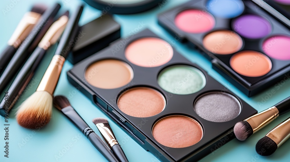 Different palettes of eye shadows are on the table. Nearby are brushes for applying cosmetics. Necessary for makeup. Macro photography. Space for text. Different palettes of eye shadows are on the table. Nearby are brushes for applying cosmetics. Necessary for makeup. Macro photography. Space for text.