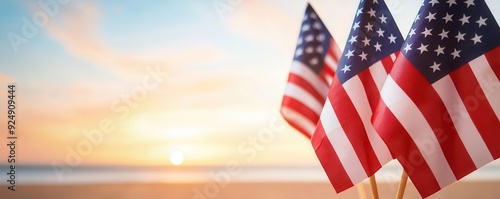 Labor Day sunset beach celebration, USA flags, relaxed atmosphere photo