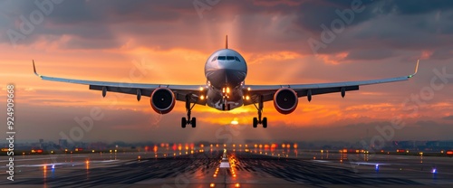 A Landing Airplane During A Beautiful Sunset At Barcelona El Prat Airport