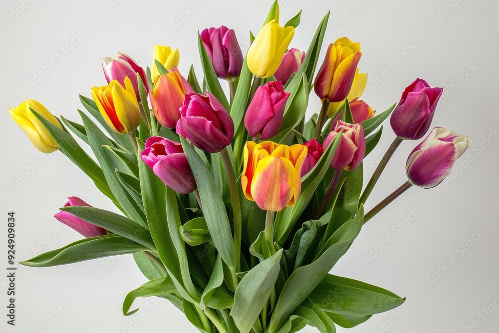 Obraz premium Bouquet of colorful tulips is standing in a vase against a white background
