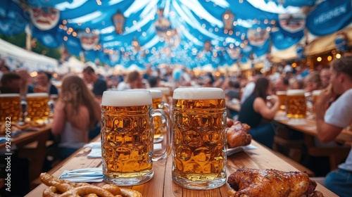 An Oktoberfest tent filled with long wooden tables lined with people enjoying large beer mugs, pretzels, and roasted chicken, the tent is adorned with blue and white decorations, and a brass band photo