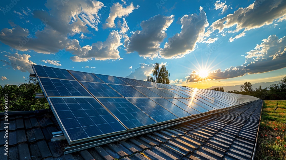 Rooftop Cell Array Solar Cells on a Rooftop: An array of solar cells installed on a modern ...