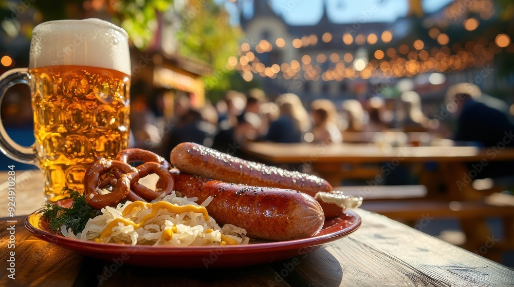A close-up shot of a traditional Bavarian sausage served on a plate with mustard, pretzels, and sauerkraut, the plate is set on a wooden table in a beer garden at Oktoberfest, with large beer mugs A close-up shot of a traditional Bavarian sausage served on a plate with mustard, pretzels, and sauerkraut, the plate is set on a wooden table in a beer garden at Oktoberfest, with large beer mugs