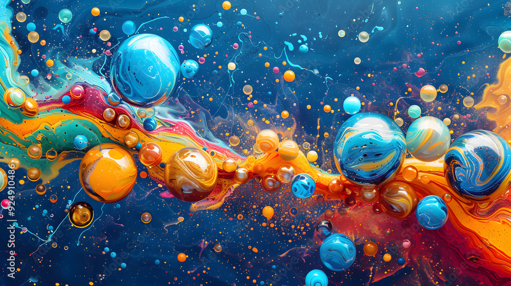Naklejka premium Discover the vibrant world of digital art with dynamic fluid motion, colorful bubbles, and mesmerizing swirls, perfect for contemporary creative expression and aesthetic enjoyment