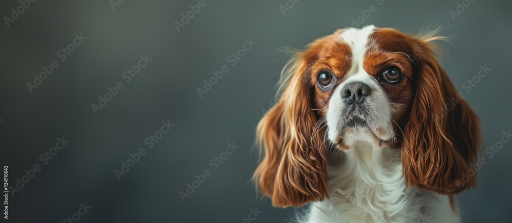 Naklejka premium A King Charles Spaniel is sitting inside a studio with a copy space image available nearby