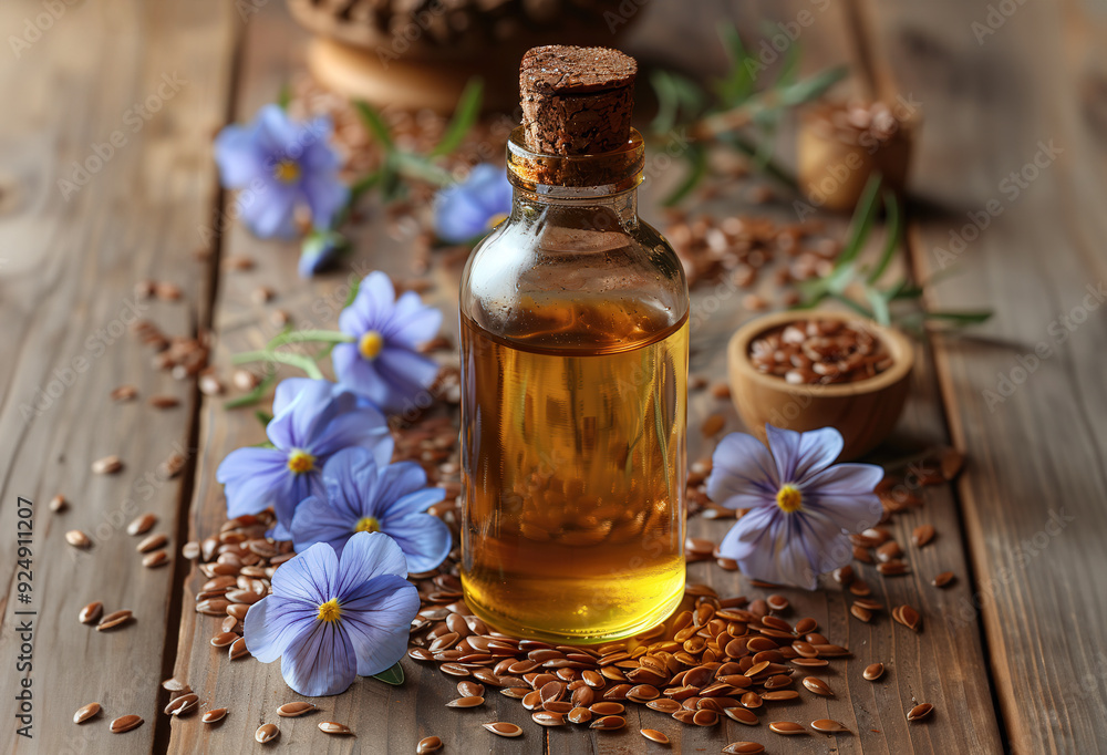Bottle flaxseed oil surrounded flax seeds and blue flax flowers, with rustic wooden background. Bottle flaxseed oil surrounded flax seeds and blue flax flowers, with rustic wooden background.