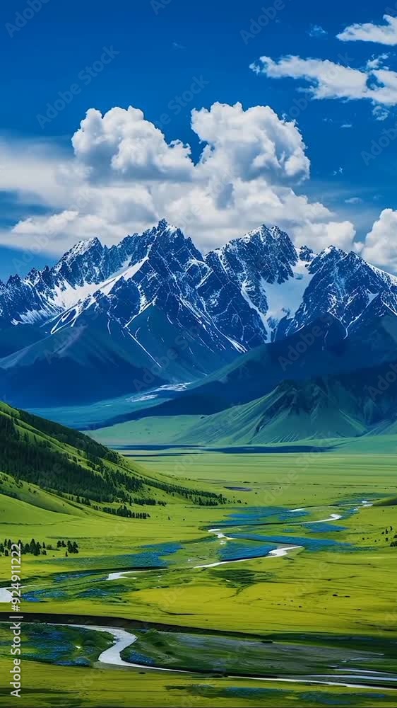 landscape with river and mountains Majestic mountain landscape with a tranquil lake, reflecting the serene beauty of nature in summer. Seamless looping 4k virtual video animation background landscape with river and mountains Majestic mountain landscape with a tranquil lake, reflecting the serene beauty of nature in summer. Seamless looping 4k virtual video animation background