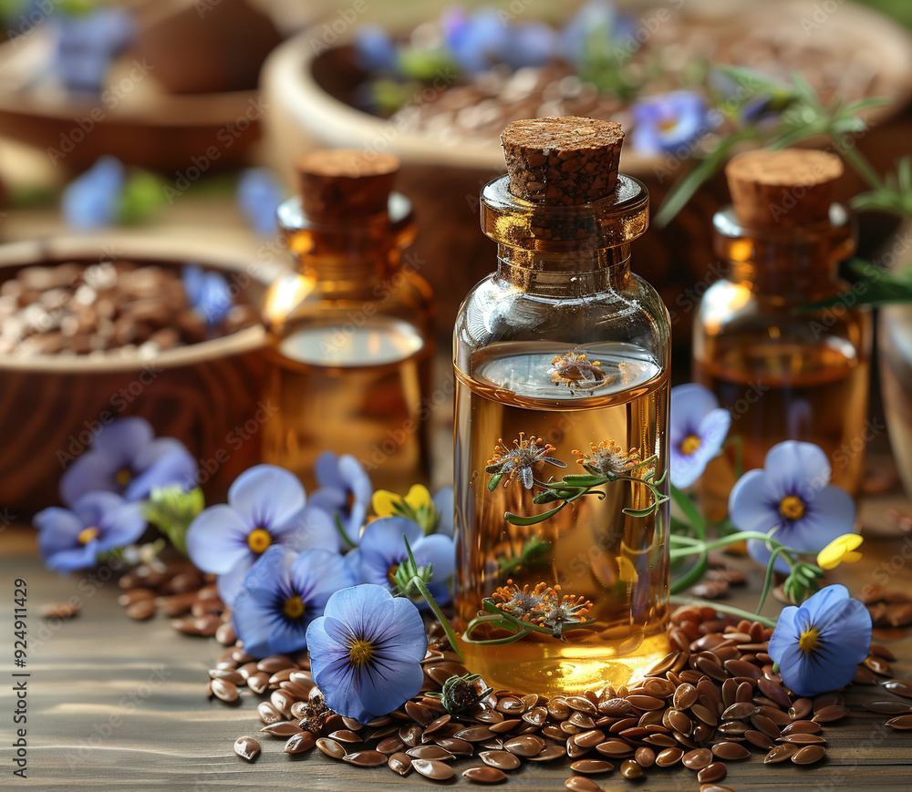 Bottle flaxseed oil surrounded flax seeds and blue flax flowers, with rustic wooden background. Bottle flaxseed oil surrounded flax seeds and blue flax flowers, with rustic wooden background.