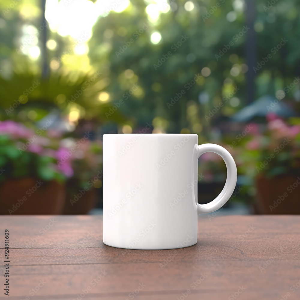 Mug Mockup. Blank white mug mockup with green garden background. Mockup of beverage, coffee, tea or milk cup for artwork display or presentation. Mug Mockup. Blank white mug mockup with green garden background. Mockup of beverage, coffee, tea or milk cup for artwork display or presentation.