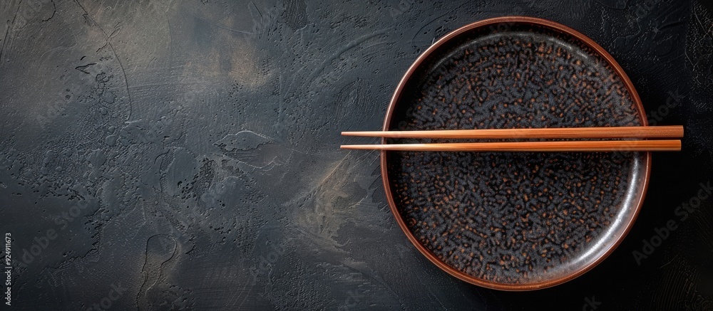Fototapeta premium A traditional Japanese chopstick plate is seen from above on a dark backdrop providing copy space for additional content