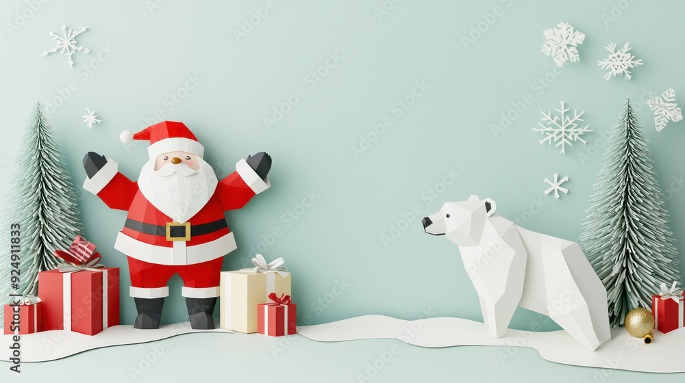 Whimsical Winter: Santa Claus and Polar Bear in Geometric Paper Art with Christmas Sale Promotion Space, Generative Ai