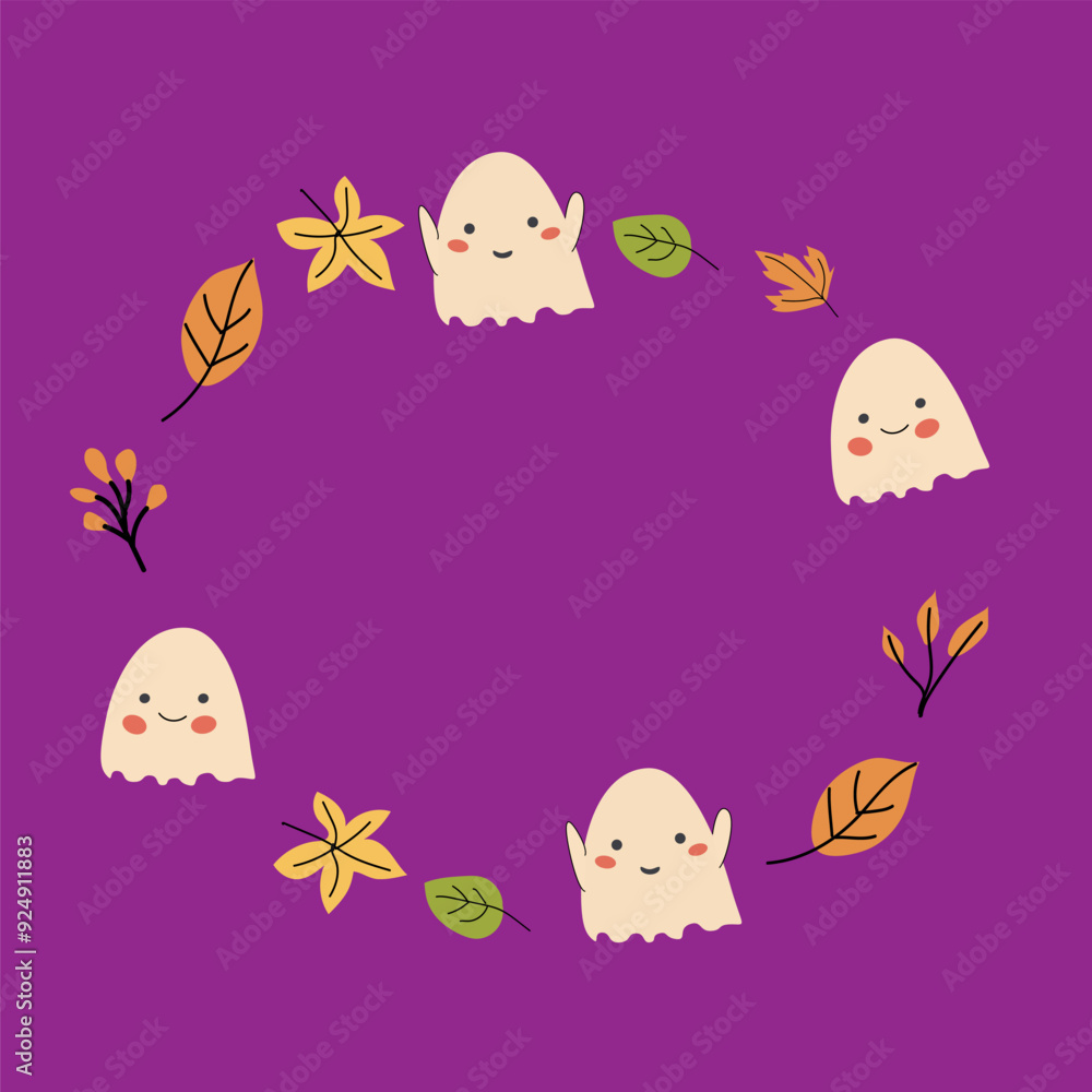 Halloween cute frame or border with funny characters, Ghosts and fall leaves childish design. Halloween cute frame or border with funny characters, Ghosts and fall leaves childish design.