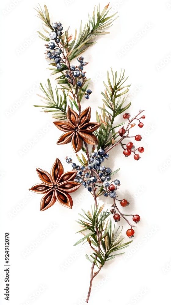 Watercolor painting of star anise and berries on branch Watercolor painting of star anise and berries on branch