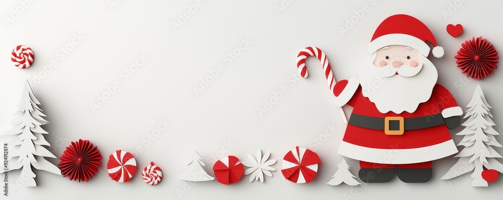 Cheerful Santa Claus Paper Craft with Candy Cane in Vibrant Holiday Colors for Festive Marketing Background, Generative Ai Cheerful Santa Claus Paper Craft with Candy Cane in Vibrant Holiday Colors for Festive Marketing Background, Generative Ai