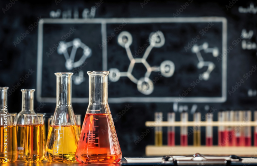 Chemical laboratory equipment showing a row of glass flasks containing red and yellow liquid in front of a blackboard with copy space Chemical laboratory equipment showing a row of glass flasks containing red and yellow liquid in front of a blackboard with copy space